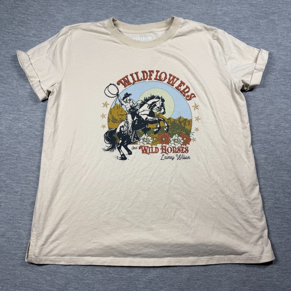 Lainey Wilson T-Shirt Women L Tan Wildflowers and Wild Horses Concert Tour Graph